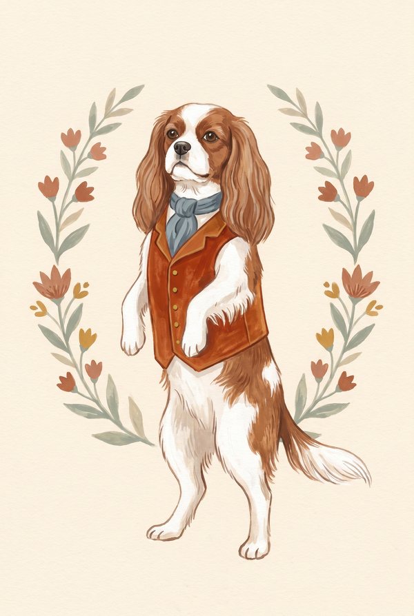 A cavalier spaniel in a rust waistcoat standing inside a floral wreath