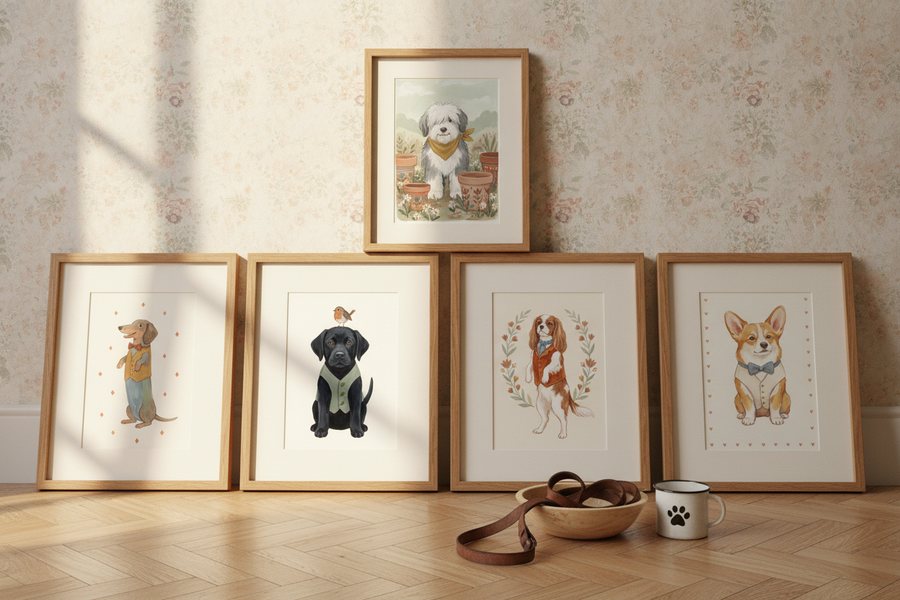 The five free dog prints in frames leaning against a papered wall