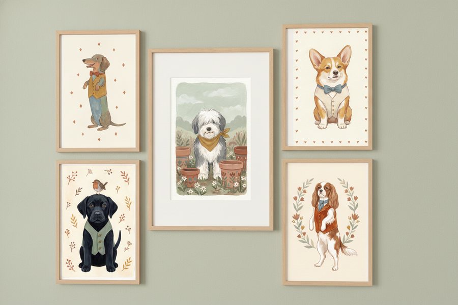 The five free dog prints framed in a loose grid on a sage wall