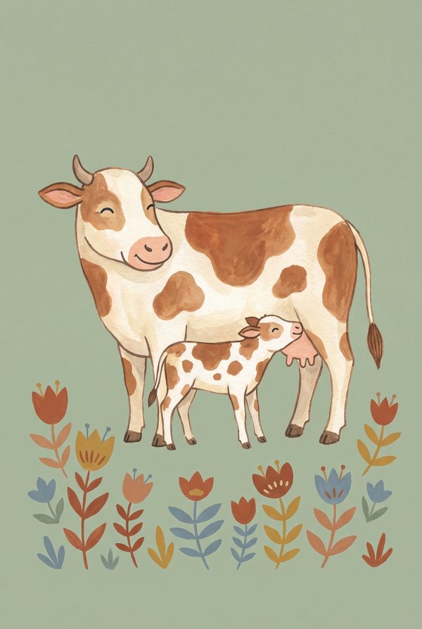 A brown and white cow standing with her calf above a row of tulips