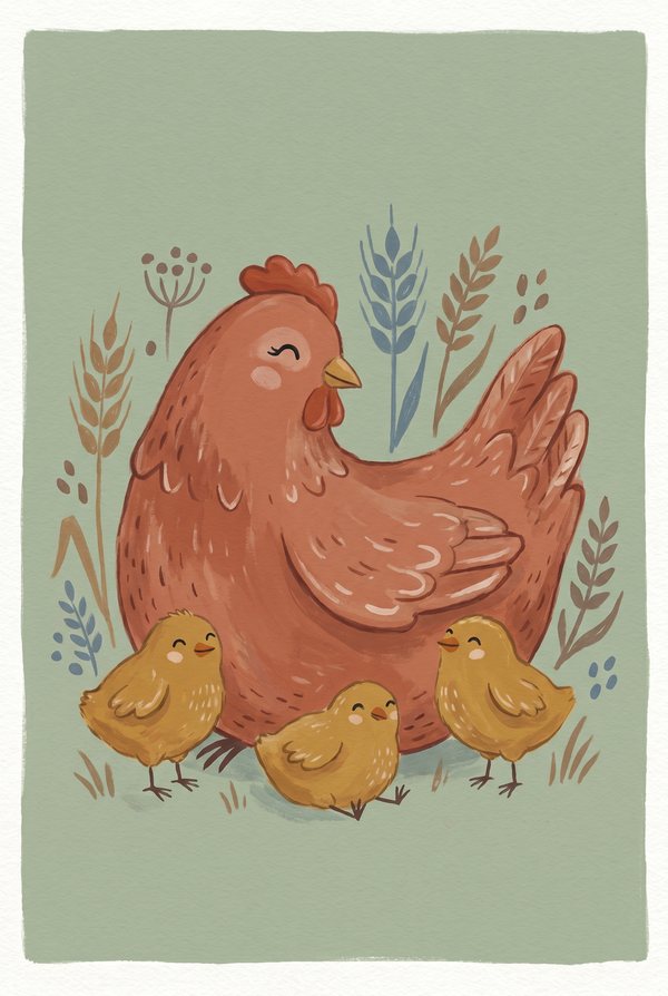 A rust-red hen with three yellow chicks among wheat and wildflowers