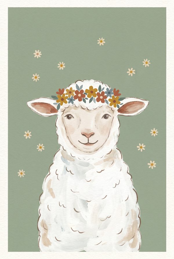 A woolly lamb wearing a flower crown on a soft sage green background