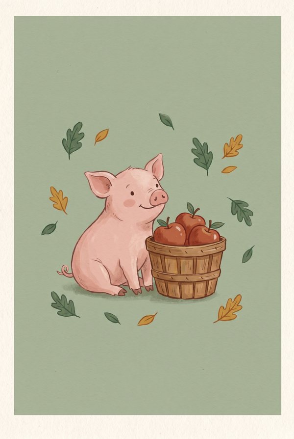 A pink piglet sitting beside a wooden basket of apples among falling leaves