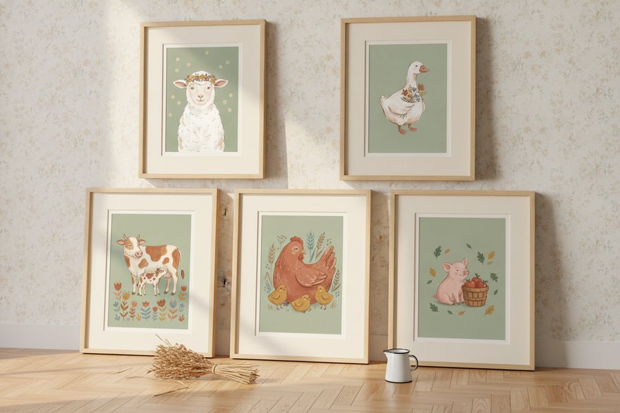The five free farm prints in frames leaning against a papered wall