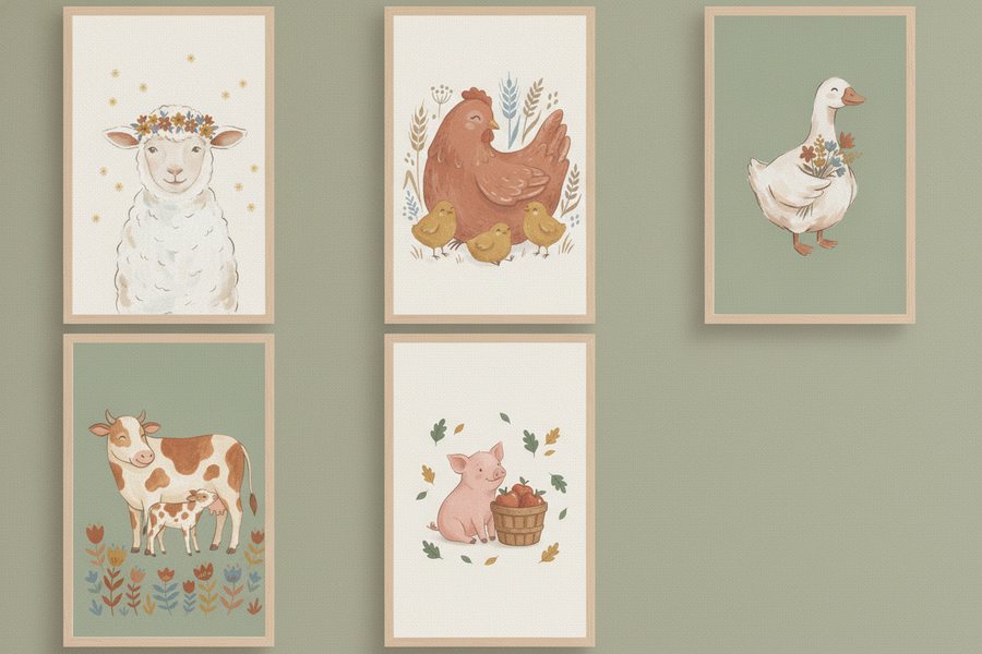 The five free farm prints framed on a soft sage green wall
