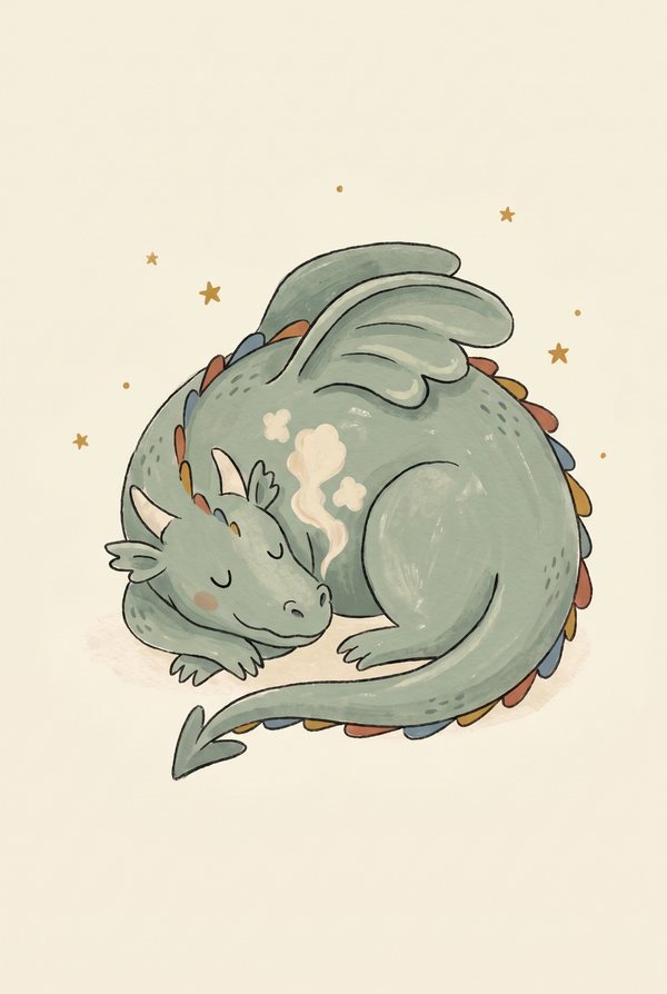 A sage green dragon curled up asleep among small gold stars
