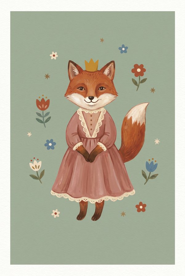A fox in a dusty pink gown and gold crown among scattered flowers
