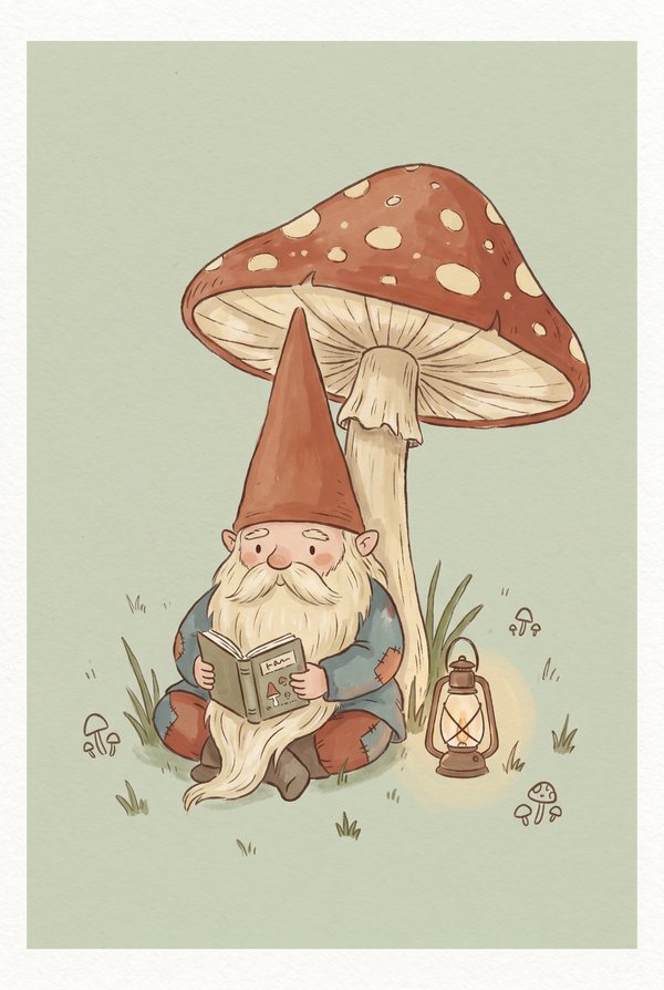 A gnome in a red hat reading a book beneath a spotted toadstool