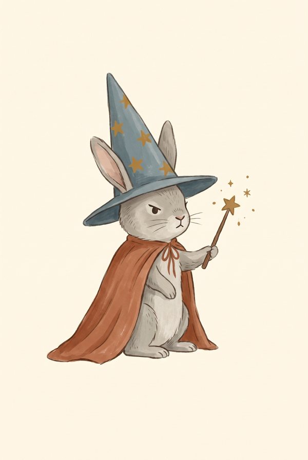 A grey rabbit in a starred wizard hat and rust cape holding a wand