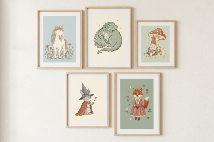 The five free mythical prints framed as an asymmetric gallery wall