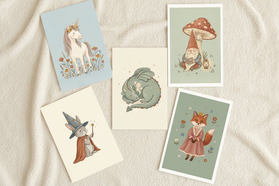 The five free mythical prints laid out unframed on a cream blanket