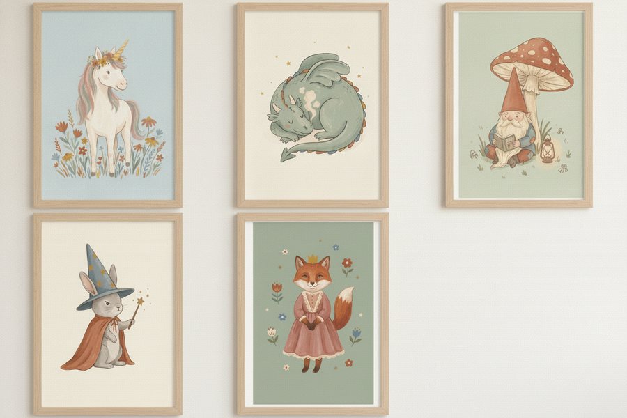 The five free mythical prints framed in a loose grid on a cream wall