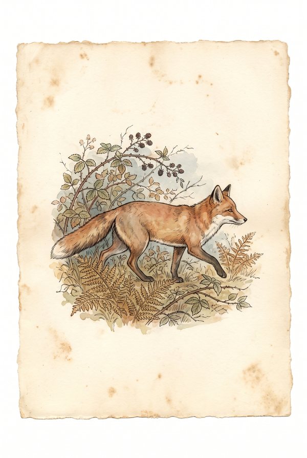 A red fox running low through dry grass and bracken
