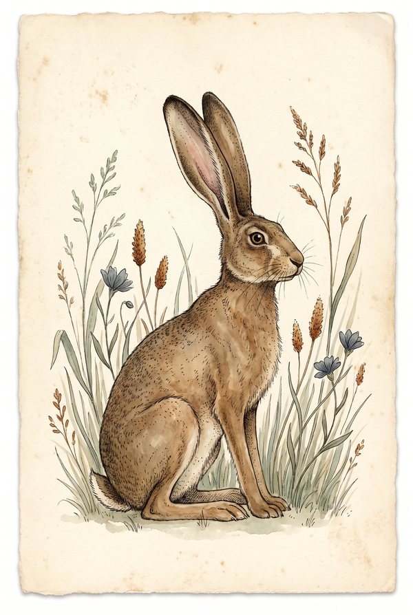 A brown hare sitting upright among meadow grasses and cornflowers