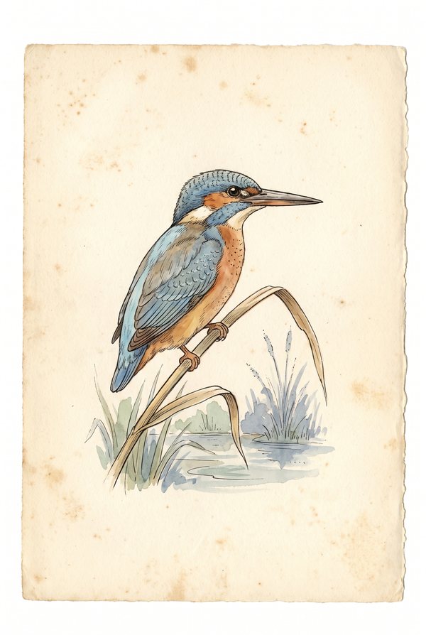 A kingfisher in blue and orange perched on a reed above still water
