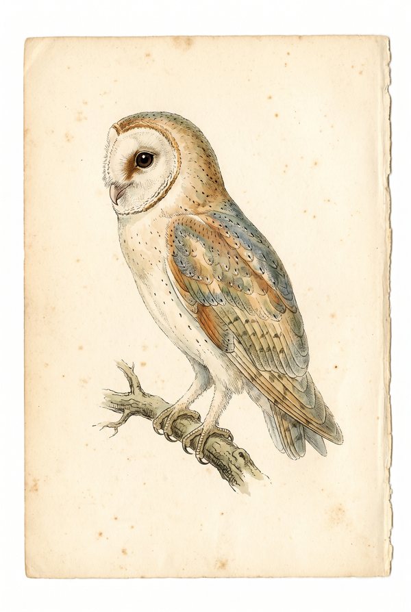 A barn owl perched on a bare branch, painted in cream and buff
