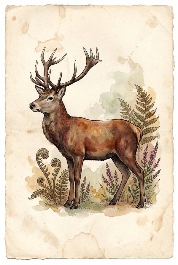 A red deer stag in full antler standing among ferns and heather