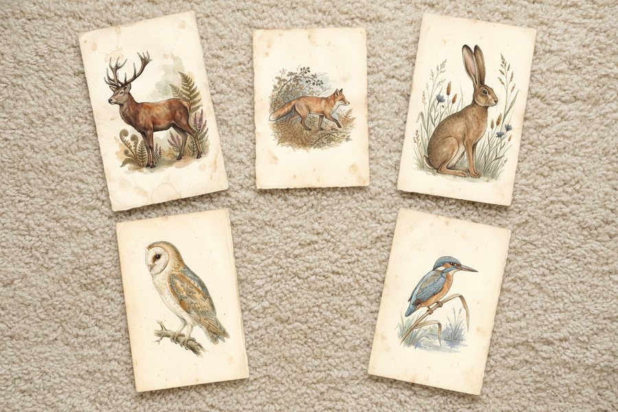 The five free naturalist prints laid out unframed on a cream carpet