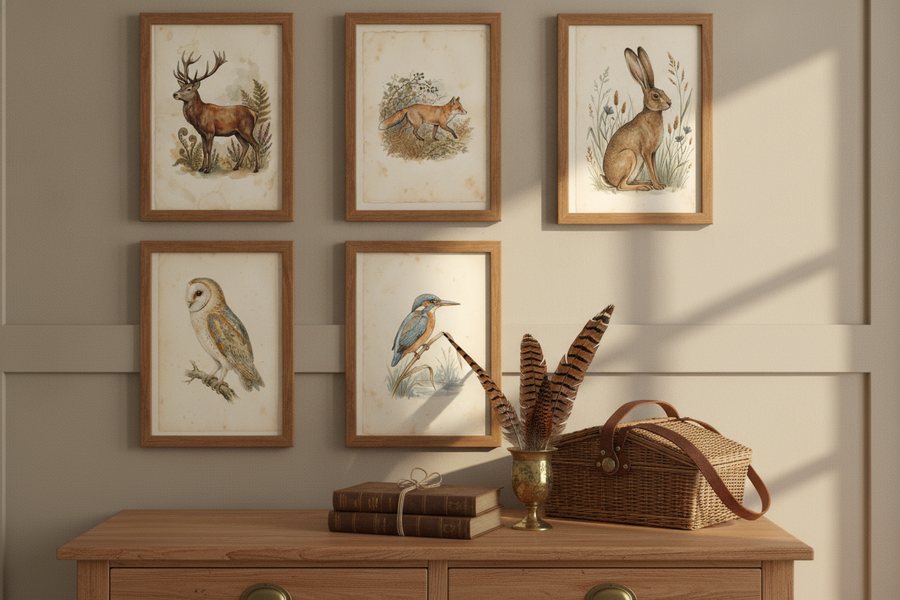 The five free naturalist prints framed above panelling in warm light
