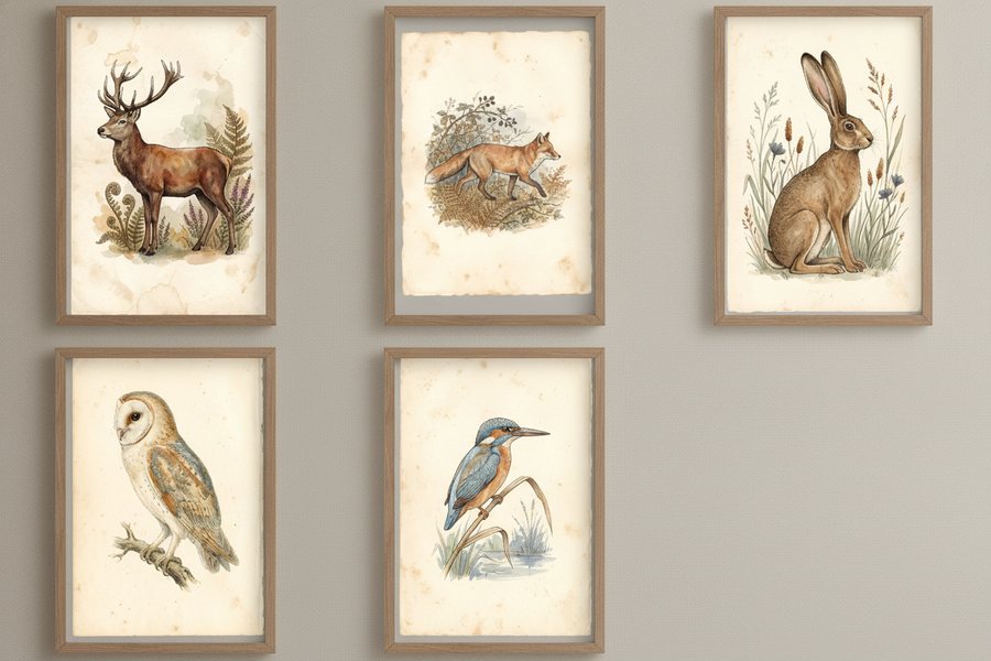The five free naturalist prints framed in a loose grid on a grey wall