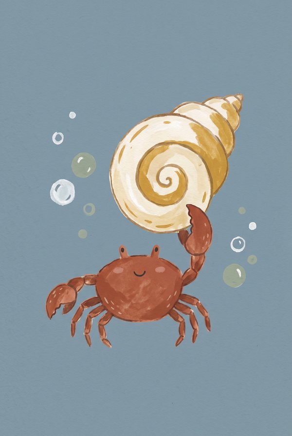A red crab holding a spiral shell above its head among rising bubbles