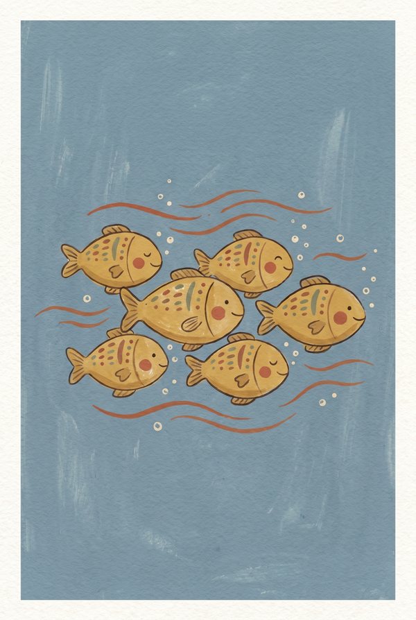 A shoal of little yellow fish swimming together on a slate blue background