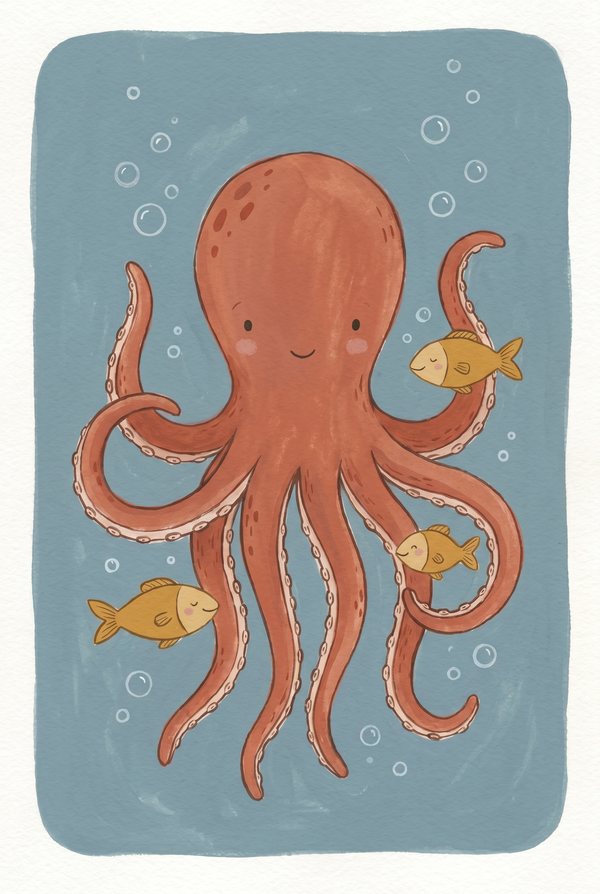 A coral octopus with small yellow fish swimming around its tentacles