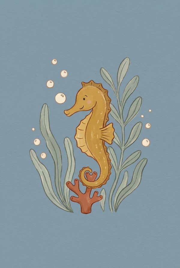 A golden seahorse among strands of seaweed and a sprig of red coral