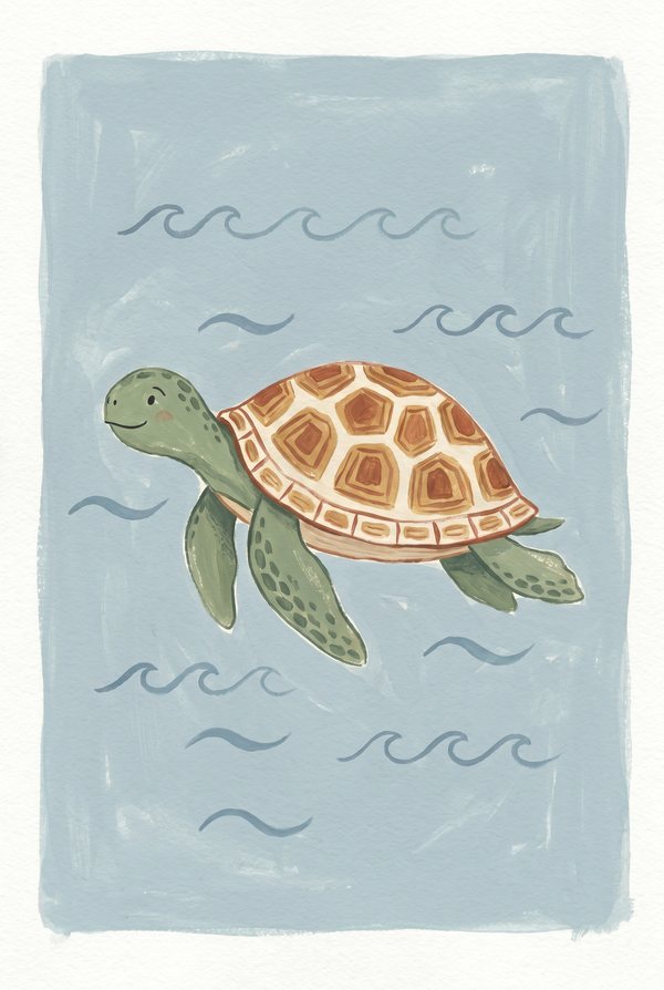 A green sea turtle swimming through painted waves on pale blue