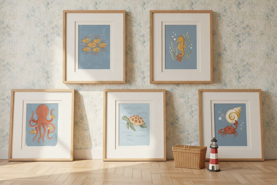 The five free ocean prints in frames leaning against a papered wall