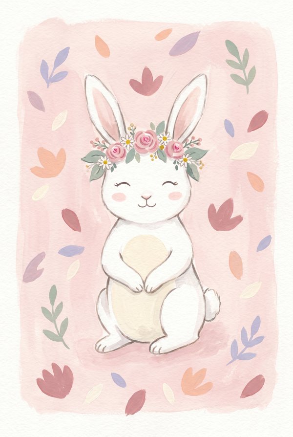 A white bunny wearing a flower crown, surrounded by scattered petals on pink