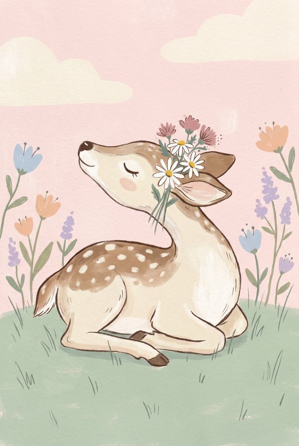 A spotted fawn lying in a meadow holding a posy of daisies
