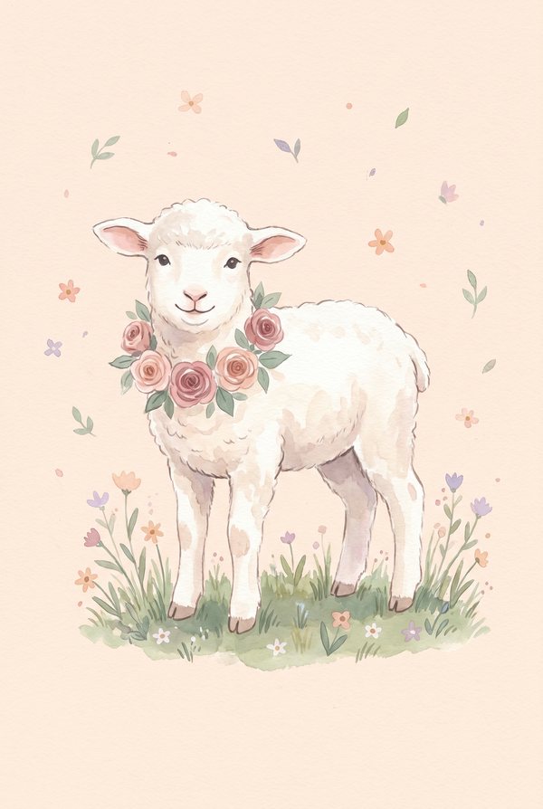 A white lamb wearing a garland of roses, standing in flowering grass