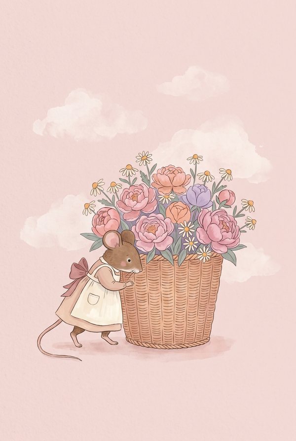 A mouse in a pinafore pushing a wicker basket overflowing with flowers