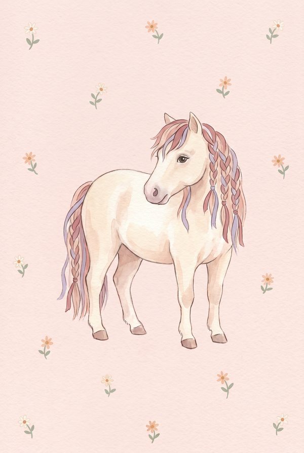 A cream pony with a long pink mane among tiny scattered flowers