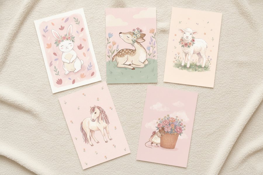 The five free pink pastel prints laid out unframed on a cream blanket