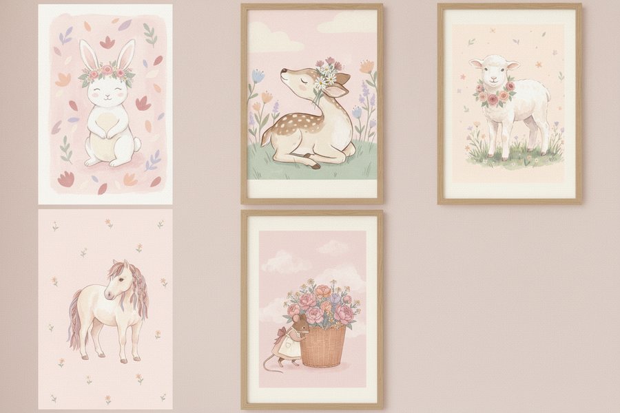 The five free pink pastel prints framed on a dusty pink wall
