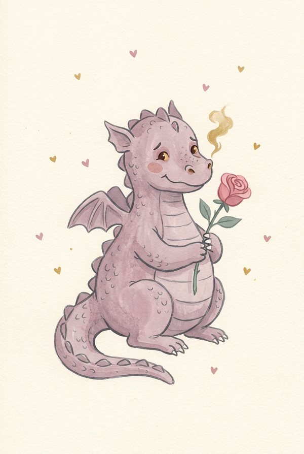 A smiling lilac dragon holding a pink rose, surrounded by small hearts
