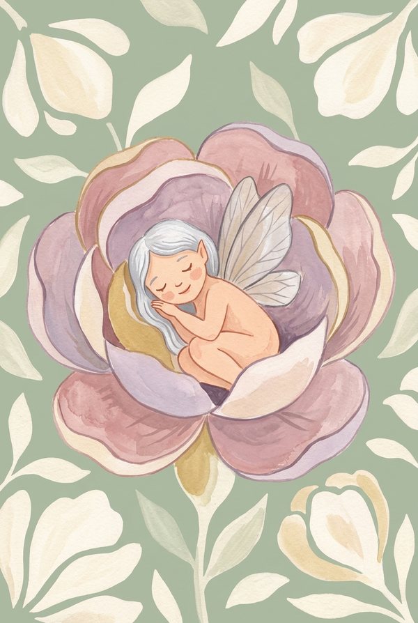 A winged fairy baby asleep inside the petals of a large pink peony
