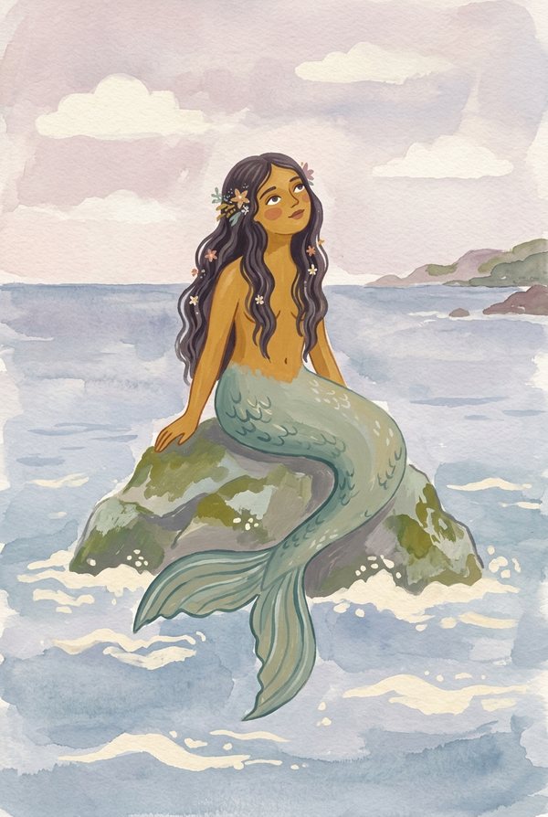 A dark-haired mermaid with a green tail sitting on a rock in a calm sea