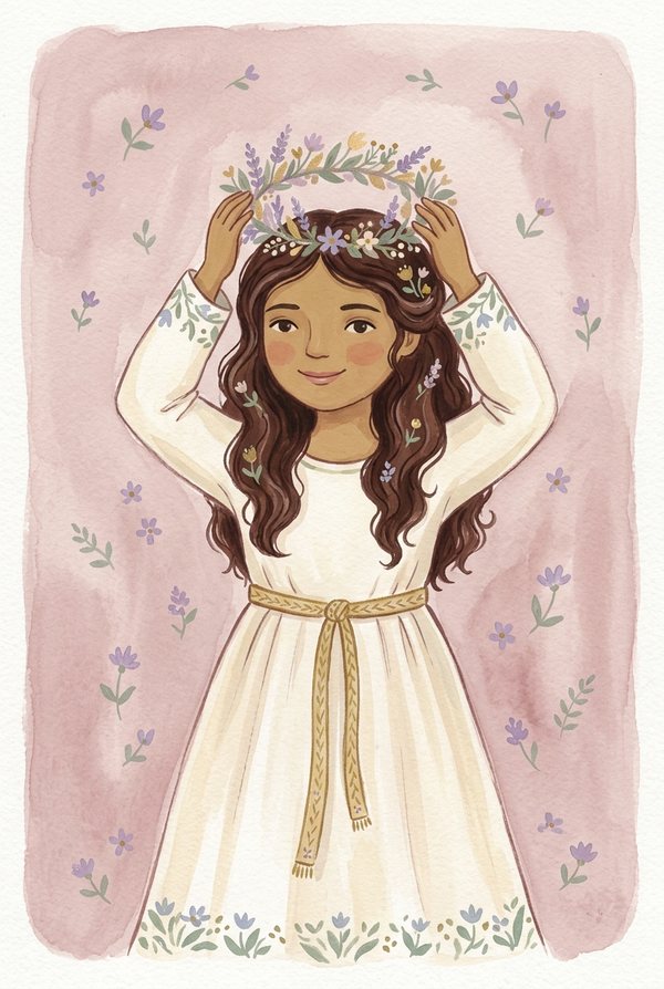 A girl in a cream dress lifting a flower crown onto her head on dusty pink