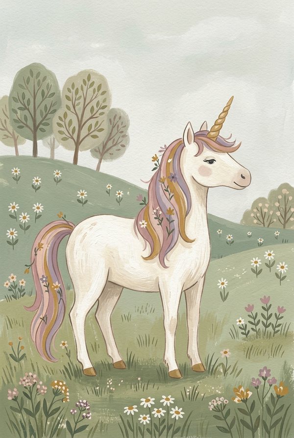 A white unicorn with a pastel mane standing in a meadow of wildflowers