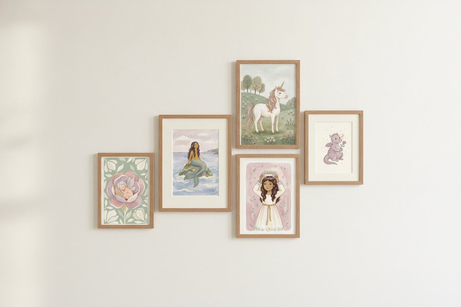 The five free princess prints framed as an asymmetric gallery wall