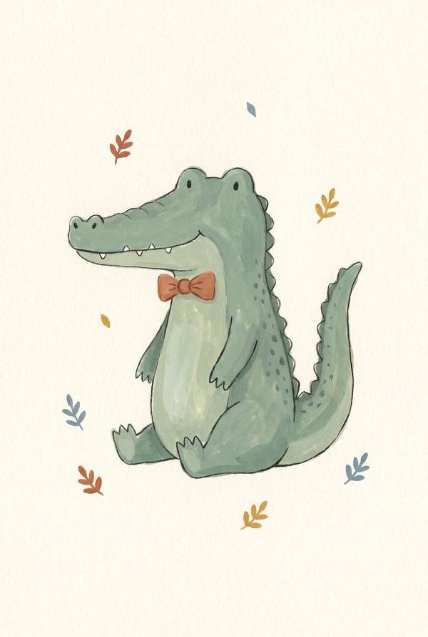 A sitting crocodile wearing an orange bow tie, surrounded by small leaves on cream