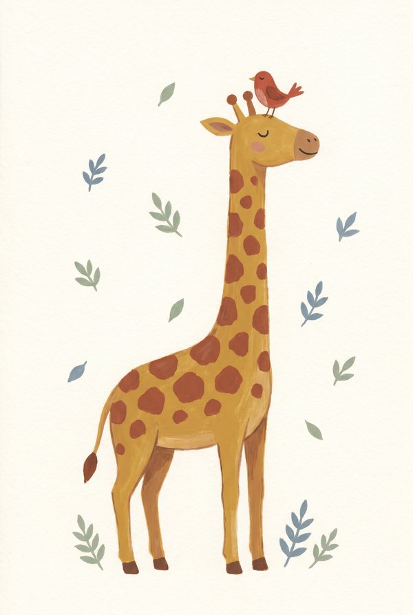 A tall giraffe with a small red bird perched on its head, among scattered leaves