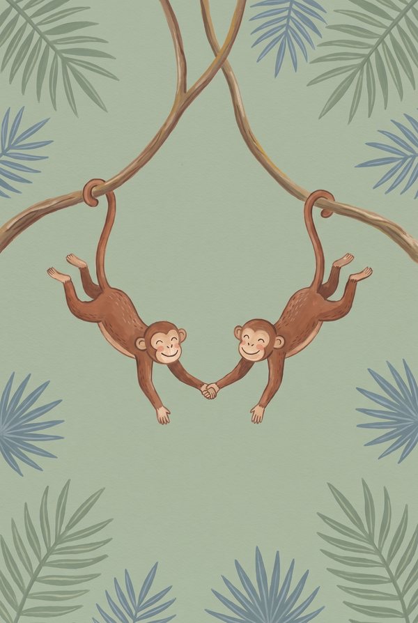 Two monkeys hanging from vines holding hands, framed by palm leaves on sage