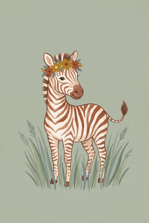 A zebra wearing a flower crown standing in tall grass on a sage green background
