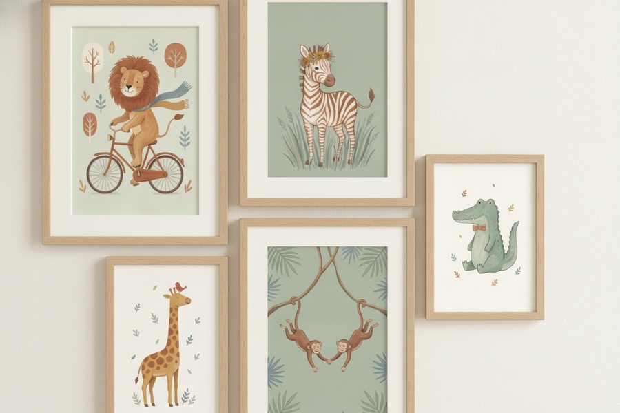 A closer view of the five free safari prints in oak frames on a cream wall