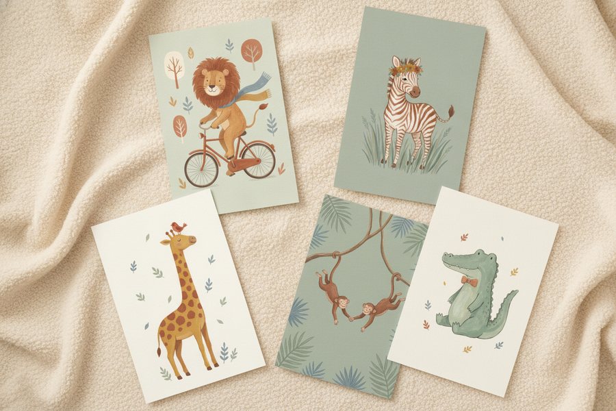 The five free safari prints laid out unframed on a cream blanket