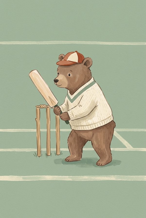 A bear in cricket whites holding a bat beside a set of stumps